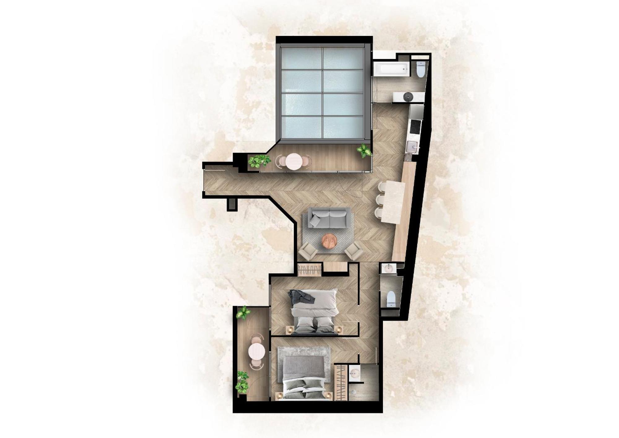 Two-Bedroom Apartment with Balcony and Terrace